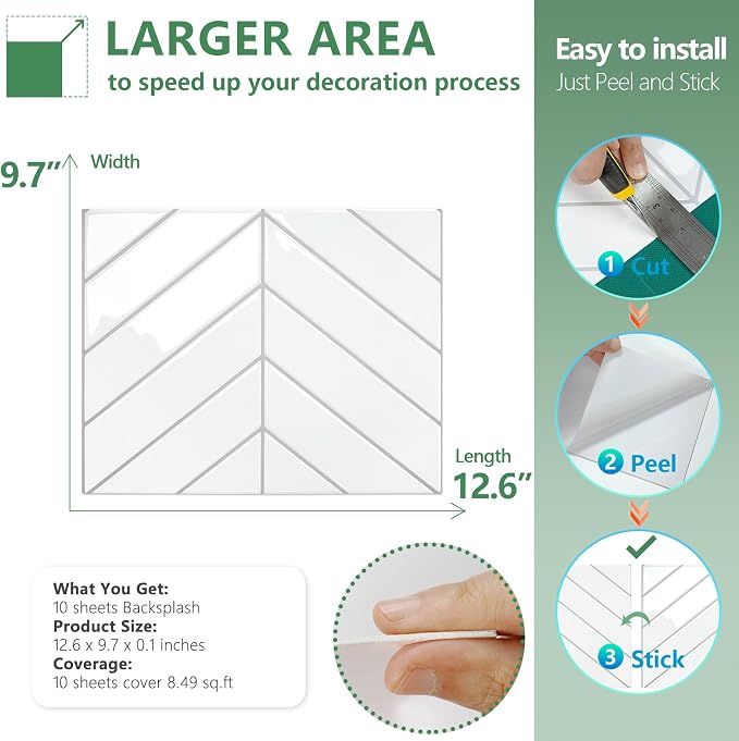 STICKGOO Herringbone Peel and Stick Backsplash, White/Grey Grout, 10 Sheets | 12.6 x 9.7 in, Thicker Rectangular Vinyl Stick-On Wall Tiles, Easy Alignment, Waterproof, Easy to Clean, Kitchen/Bathroom - Image 4