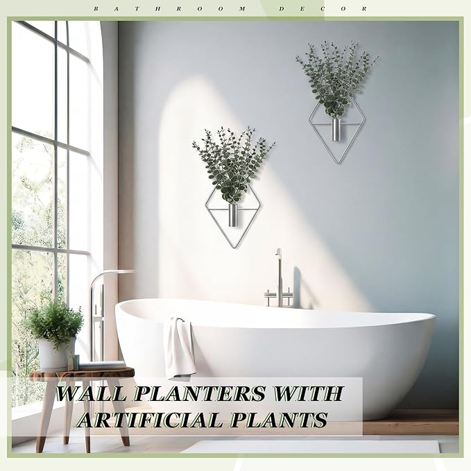 Jexine 8 Pcs Hanging Artificial Planters Wall Decor, Silver, Eucalyptus | Bathroom Wall Decor, Geometric Metal Vase, Indoor Plants, Living Room, Home Office, Entryway, Boho Accent, Wall Mounted - Image 5