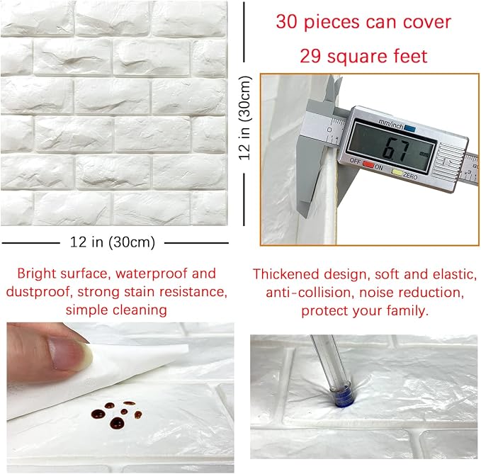 30PCS 3D Wall Panels Peel and Stick Faux Brick Wallpaper White Self Adhesive Foam Brick Paneling Faux Stone Wall Panels (30PCS, White) - Image 5