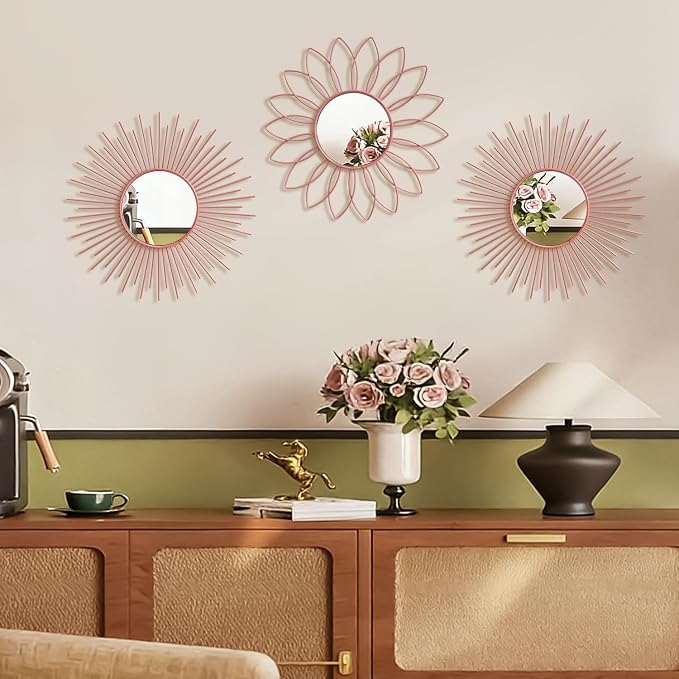3 Pack Metal Mirrors for Wall Sunburst Wall Mirrors Home Décor Decorative Hanging Wall Art for Living Room Bedroom Entryway (Pink, Flower+Sunburst) - Image 3