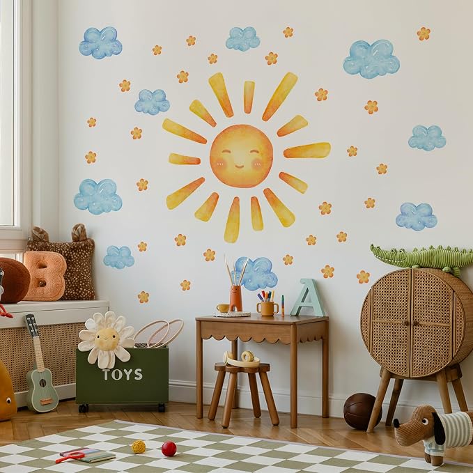 35.4 ×11.8 Inch Sun Clouds Wall Decal Watercolor Mural Modern Vinyl Removable Peel Stick Sticker for Nursery Room Playroom Living Room Bedroom Decor - Image 3