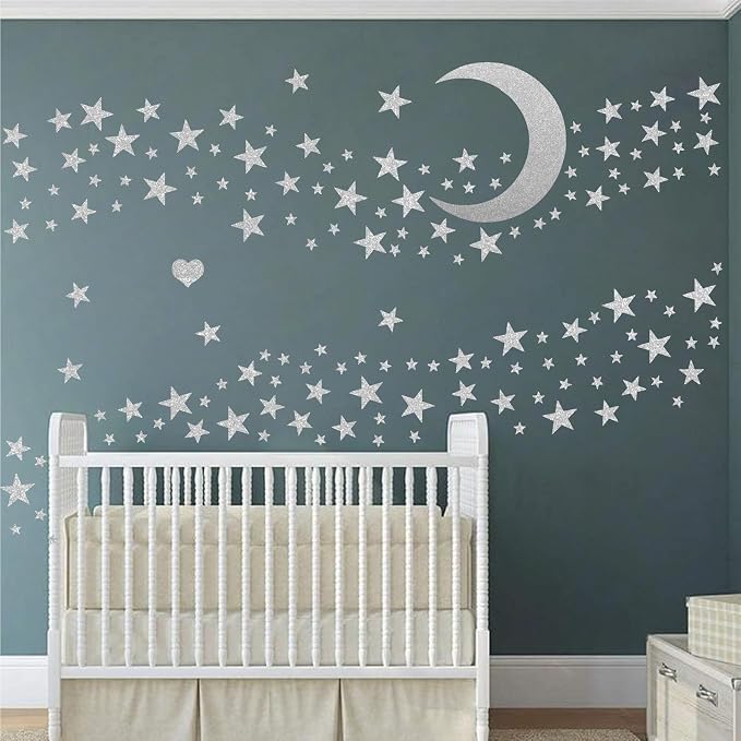 Star Wall Decals Silver Stars Moon Stickers Peel and Stick Celestial Decor | Star and moon decor, sparkle decal for walls, wall sticker, removable vinyl art mural, peel and stick, for kids baby bedroom by Easma