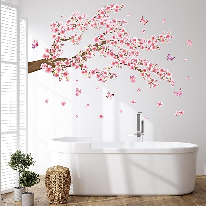 Pink Floral Wall Decal Cherry Blossom Wall Stickers Spring Flower Butterfly Room Decor Peel and Stick Pink Tree Branch Wall Sticker for Bedroom - Image 2