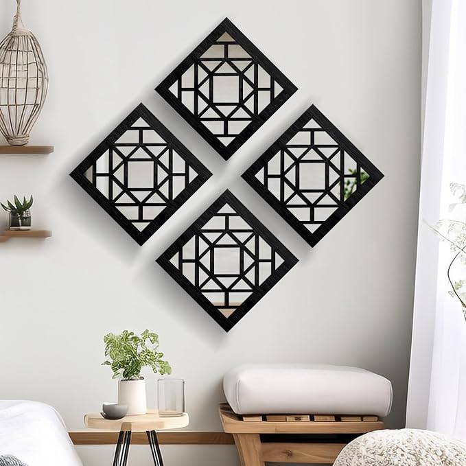 2 PCS Square Wall Mirror,Rustic Farmhouse Wall Mirrors,12 inch Small Mirror Art (style1 Black) - Image 6
