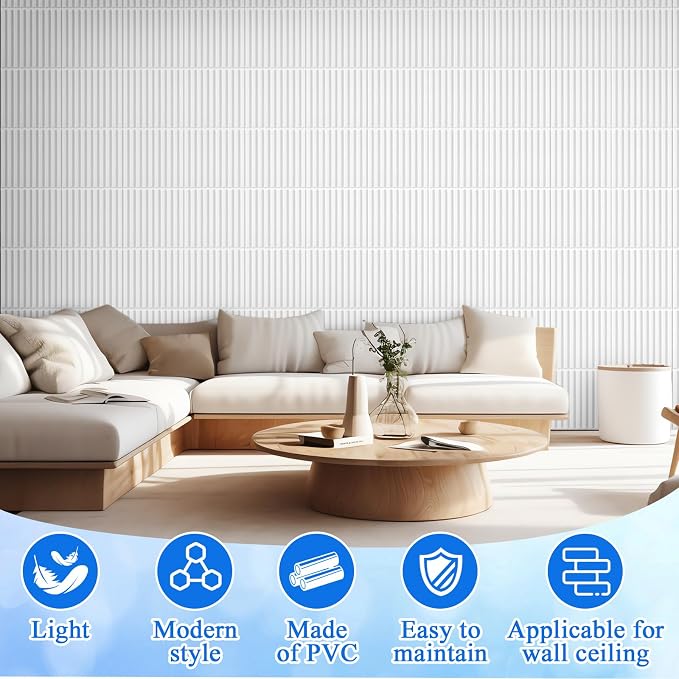 Nuanchu 32 Pcs 3D Wall Panels, 12"x12" PVC Fluted Tiles, White | Waterproof Accent Panels, Paintable Wall Tiles, for TV Background, Bedroom, Bathroom, Gaming Room, Cuttable Home DIY Decor - Image 5