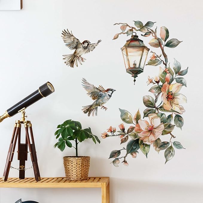 Chandelier Bird Wall Stickers Vintage Street Lamp Red Flower Wall Decor, Floral Art Wall Decals Vinyl Peel and Stick for Living Room Bedroom Nursery Playroom Door Home Decorations - Image 3