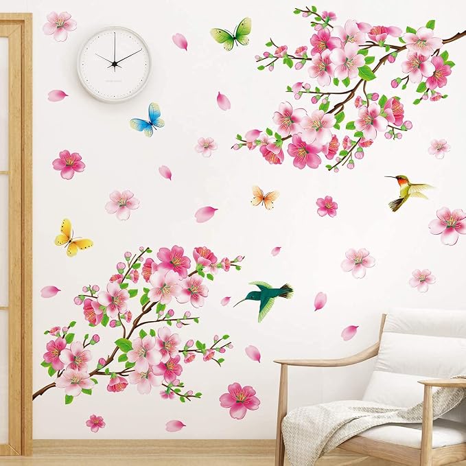 LiveGallery Pink Cherry Blossom Flower Birds Vinyl Art Wall Decal Brown 3D Peel and Stick DIY Tree Branch Wall Stickers Decor for Girls Teens Baby Bedroom Nursery Living Room Home Decoration - Image 3