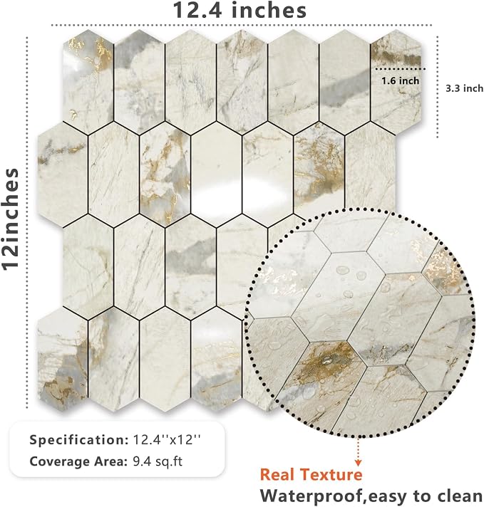 Vamos Tile Long Hexagon Peel and Stick Backsplash Tile - 10 Sheets Stick on Backsplash for Kitchen and Bathroom 12.4 x 12 Inch Glossy Pandora Marble with Gold Veining PVC Self Adhesive Wall Tiles - Image 4