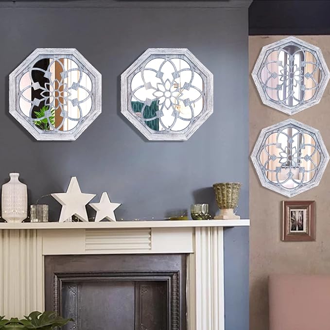 ZOLAPI 2 PCS Octagon Wall-Mounted Mirrors,Vintage Farmhouse Mirror for Wall Decor,Rustic White Color Decorative Accent Mirror for Foyer, Bathroom, Bedroom. (12”x12”) - Image 5