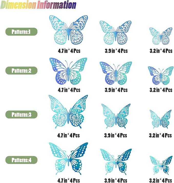 SAOROPEB 3D Butterfly Wall Decor 48 Pcs Laser Blue Butterfly Decorations | 4 Styles 3 Sizes, Butterfly Birthday Decorations Butterfly Party Decorations Cake Decorations, Removable Stickers - Image 5