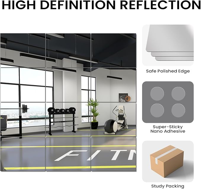 VASUHOME Large Mirror Tiles 16"x12" (12 Pack), Full Length Wall Mirrors for Home Gym, Garage, Bedroom, Living Room, Door – HD Reflection, Easy DIY Installation - Image 5
