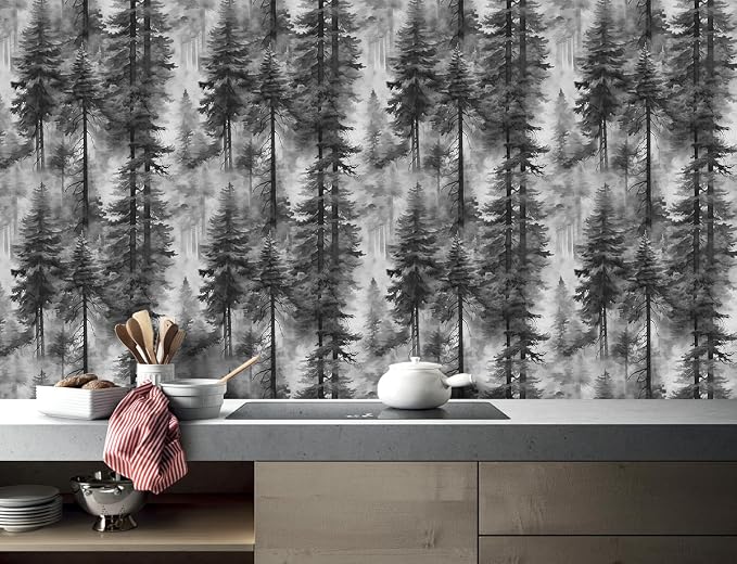HAOKHOME Forest Wallpaper Peel and Stick Black White Mural 17.3in x 32.8ft | Extra Long Self Adhesive Wall Paper Tree Landscape Mountain Botanical Textured Removable Waterproof for Bathroom Bedroom - Image 5