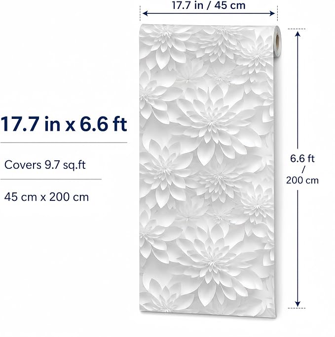 Peel and Stick Wallpaper White Gray Lotus Floral Small | 17.7 in x 6.6 ft Self Adhesive Floral Contact Paper for Smooth Dry Surfaces Removable and Renter Friendly - Image 2
