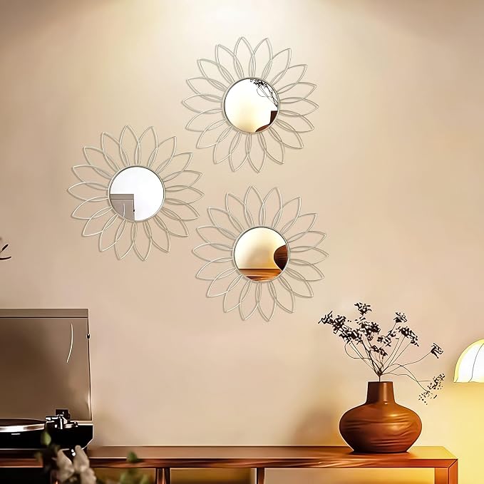 3 Pack Metal Mirrors for Wall Sunburst Wall Mirrors Home Décor Decorative Hanging Wall Art for Living Room Bedroom Entryway (Silver2, Flowers) - Image 4