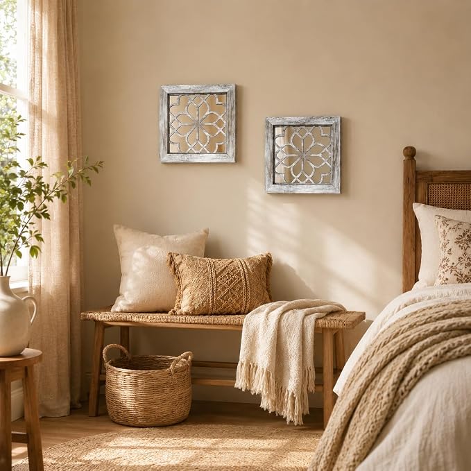 Boho Wall Mirror Decor, Set of 2 Rustic Farmhouse Accent Mirrors 12x12 Inch, Square Acrylic Shatterproof Vintage Style Mirror for Wall, Small Decorative Mirrors for Living Room, Bedroom, Grey - Image 6