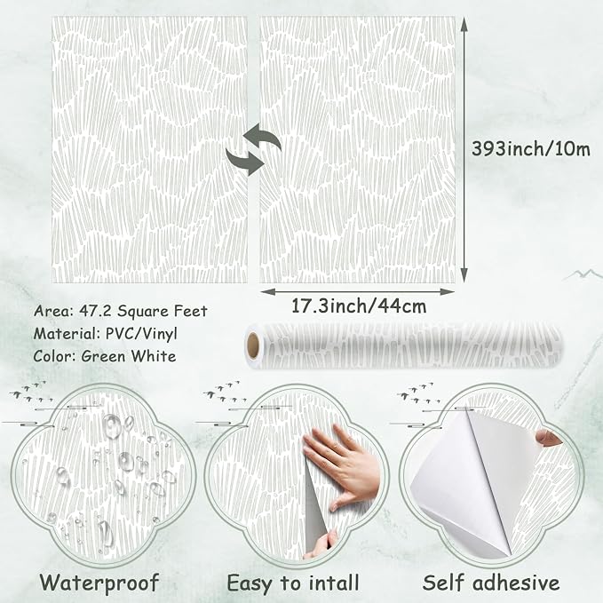 Theper Green Contact Paper Modern Peel and Stick Wallpaper 17.3"×393" | Vinyl Striped Wallpaper Boho Removable Self Adhesive Wallpapers for Bedroom Waterproof Wall Paper White and Green Wallpapers - Image 3