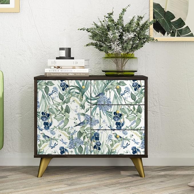 Floral Wallpaper Peel and Stick Flower Bird Blue Vinyl 17in x 393in | Flower Contact Paper Vintage Floral Wallpaper Boho Self Adhesive Waterproof Wall Paper Botanical Removable Decorative Vinyl - Image 3