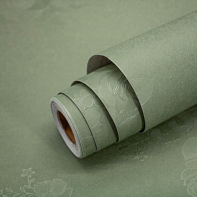 Green Flower Peel and Stick Wallpaper Solid Pure Paper 18in x 393in | Embossed Flower Contact Paper Textured Self Adhesive Paper for Cabinets Bathroom Dark Floral Removable Waterproof Decor Vinyl - Image 7