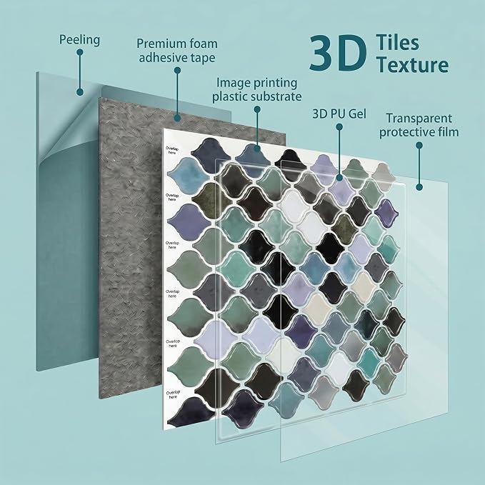 Arttown Peel and Stick 3D Wall Backsplash 10-Sheet 12" × 12" Moroccan Teal | Subway Tile Self Adhesive Thicker Design Wall Tiles Panel Wallpaper for Kitchen Bathroom Balcony Rental Housing - Image 5
