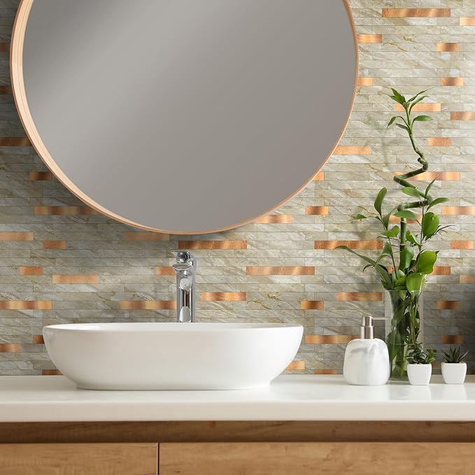 Yipscazo 20 Sheets Peel and Stick Stone Metal Tile Backsplash, Stick on Tiles for Backsplash Kitchen, Bathroom, Laundry Room, Camper, Fireplace (12'' X 12'', Polished Beige) - Image 4