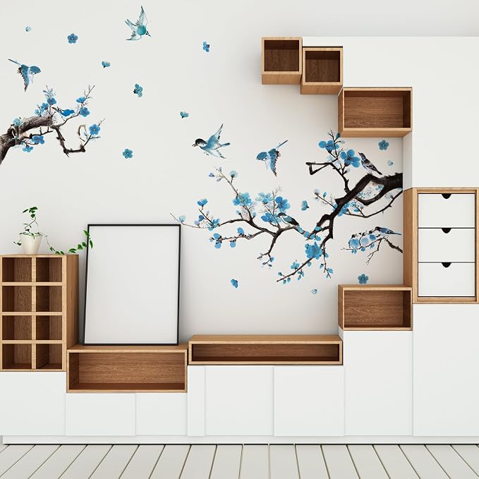 Zonon 6 Pcs Flower Wall Decals Peel and Stick Sticker, Birds | Vinyl Removable Wall Stickers & Mural, Branch and Bird Wall Decals, Blue Chinoiserie Floral Decor for Bedroom, Living Room - Image 3