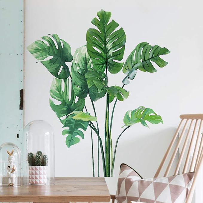 Leaf Wall Decals Monstera Tropical Plants Wall Stickers for Living Room, Palm Wall Posters Natural Green Plants Art Murals Vinyl Wallpaper for Bedroom Nursery Office by Eutecado