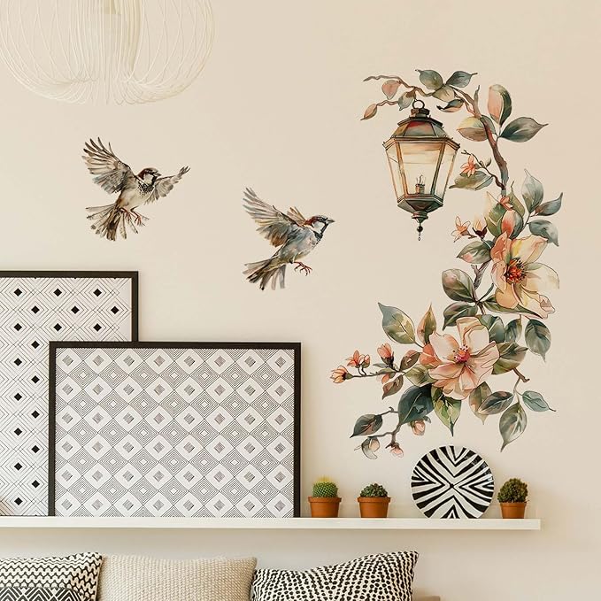 Chandelier Bird Wall Stickers Vintage Street Lamp Red Flower Wall Decor, Floral Art Wall Decals Vinyl Peel and Stick for Living Room Bedroom Nursery Playroom Door Home Decorations - Image 5