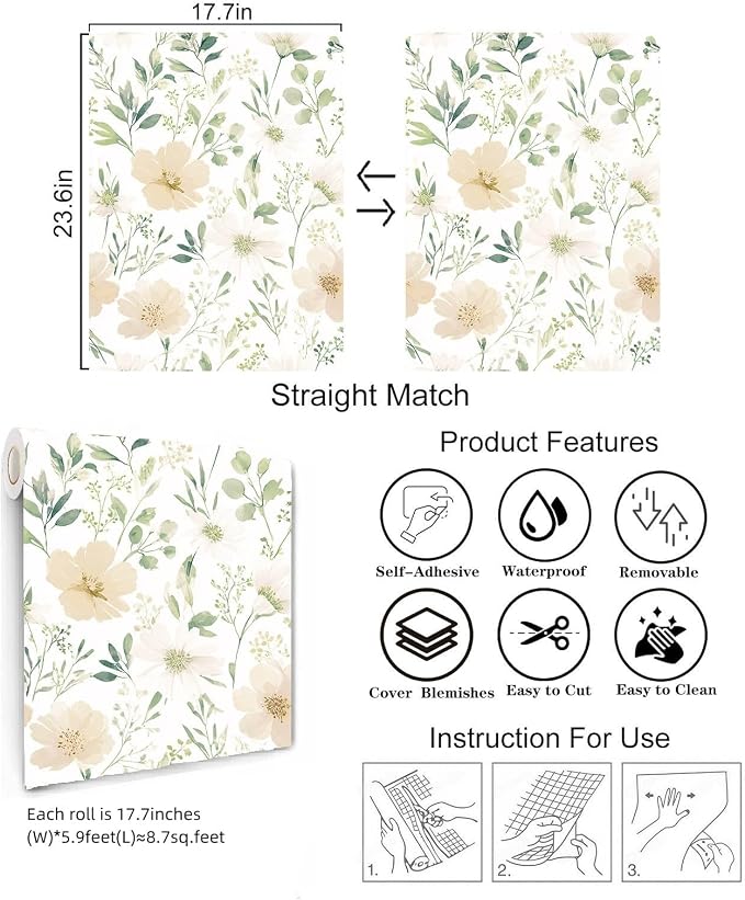 Floral Peel and Stick Wallpaper 17.7in x 70.8in | Watercolor flower removable self adhesive design for cottagecore bedroom accent walls - Image 6