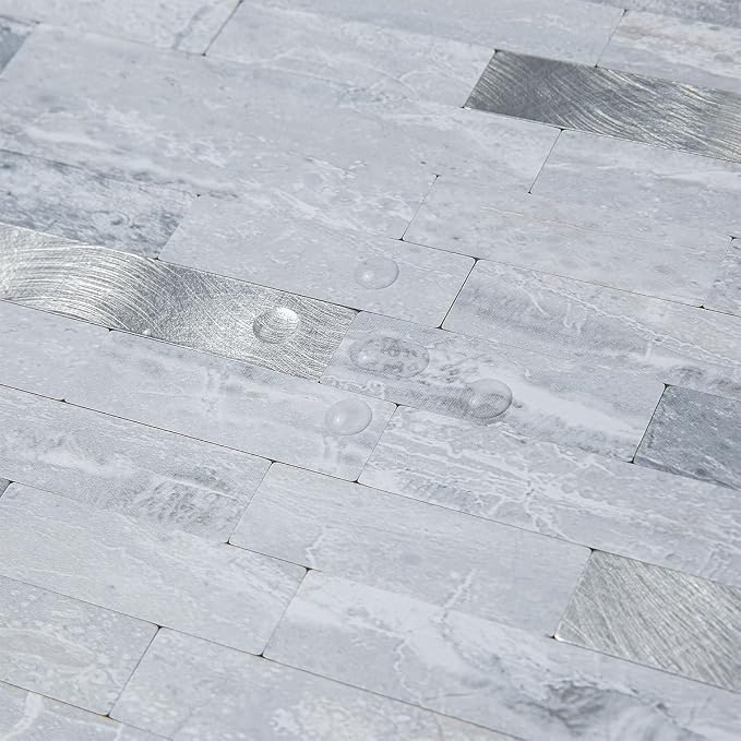 AULIGET 20 Sheets Faux Stone Peel and Stick Backsplash, Light Grey Marble Look PVC Mixed Metal Wall Tiles Stick on Backsplash for Kitchen - Image 3