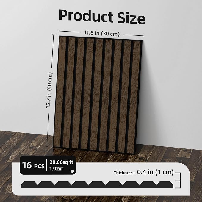 WADILE 16 Pack Self Adhesive Acoustic Wall Panels in Wood Look 11.8"x15.7" | Soundproofing PVC Slats on Felt, Decorative Wall Panels for Living Room & Bedroom Accent Wall - Image 7