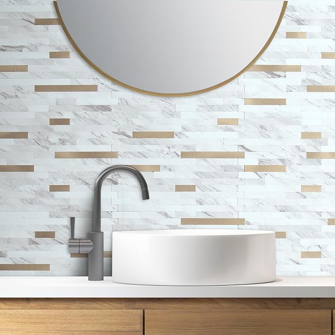 AULIGET 20 Sheets Faux Stone White Marble Peel and Stick Backsplash, PVC Mixed Metal Champagne Gold Wall Tile Stick on Backsplash for Kitchen and Bathroom - Image 4