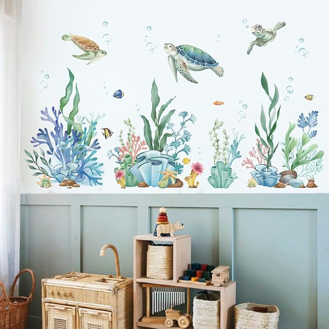 wondever Ocean Seaweed Grass Wall Decals Turtle Under The Sea Wall Stickers | Peel and Stick, Removable, Wall Art Decals, Wall Decoration, Kids Room, Bedroom Baby Nursery Bathroom Playroom Decor by wondever