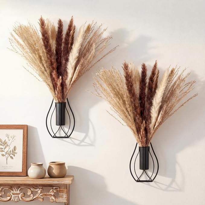 Otoolling Boho Wall Decor Set of 2 – Metal Hanging Wall Art with Faux Pampas or Eucalyptus,Minimalist Bohemian Accent for Living Room, Bedroom, Entryway(Black,Pampas) by Otoolling