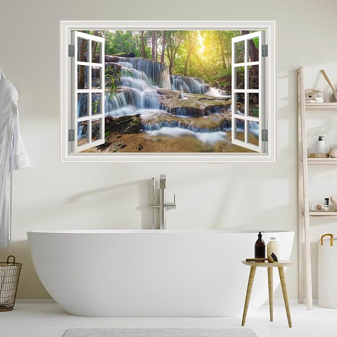 Fake Window Wall Decal Forest Jungle Waterfall River Faux Window Poster Sticker Picture Open Wall Art Decor, Stick and Peel Landscape Natural Scenery Sunshine Canvas Scene Mural,16"x24" - Image 6