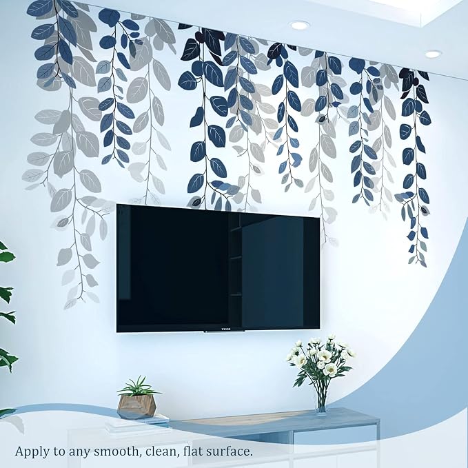 Blue Hanging String of Eucalyptus Wall Decals Peel and Stick, Large Plants Vinyl Wall Stickers, Removable Vine Home Decor Art for Bedroom Living Room Classroom Office - Image 5