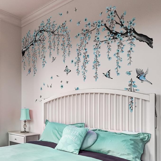 Blue Cherry Blossom Wall Stickers, Spring Watercolor Blue Flower Tree Wall Decals Bird Butterfly Peel and Stick Wall Murals Decor for TV Background Living Room Bedroom (Ink Blue) by Lilacanthara