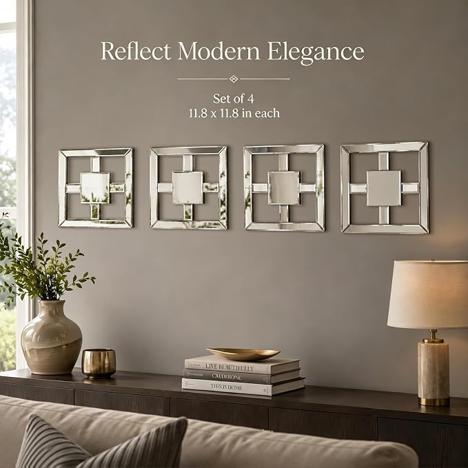 Square Decorative Wall Mirror 12 x 12 Inch, Silver Frameless Mirror Wall Decor with Beveled Edge, Modern Wall Mounted Accent Mirror for Living Room, Bedroom, Hallway, Set of 2 - Image 6