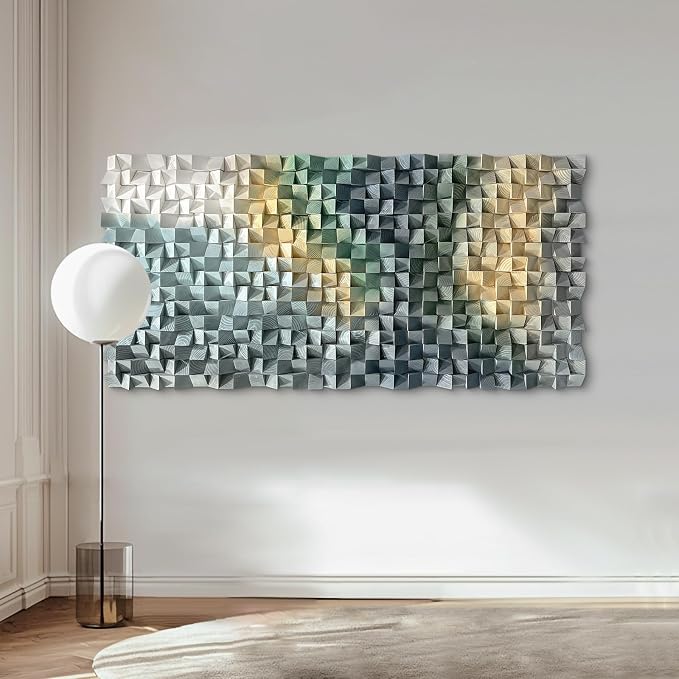 LIUZEYUE Geometric Wood Wall Decor with Interlocking Pine Cubes | geometric wood wall decor; cool slate and warm gold, solid pine construction; hotel lounge seating backdrop; 31.5 x 63 in - Image 6