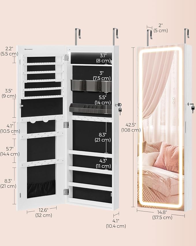 SONGMICS Mirror Jewelry Cabinet Armoire, Wall or Door Mounted, LED Mirror - Image 7