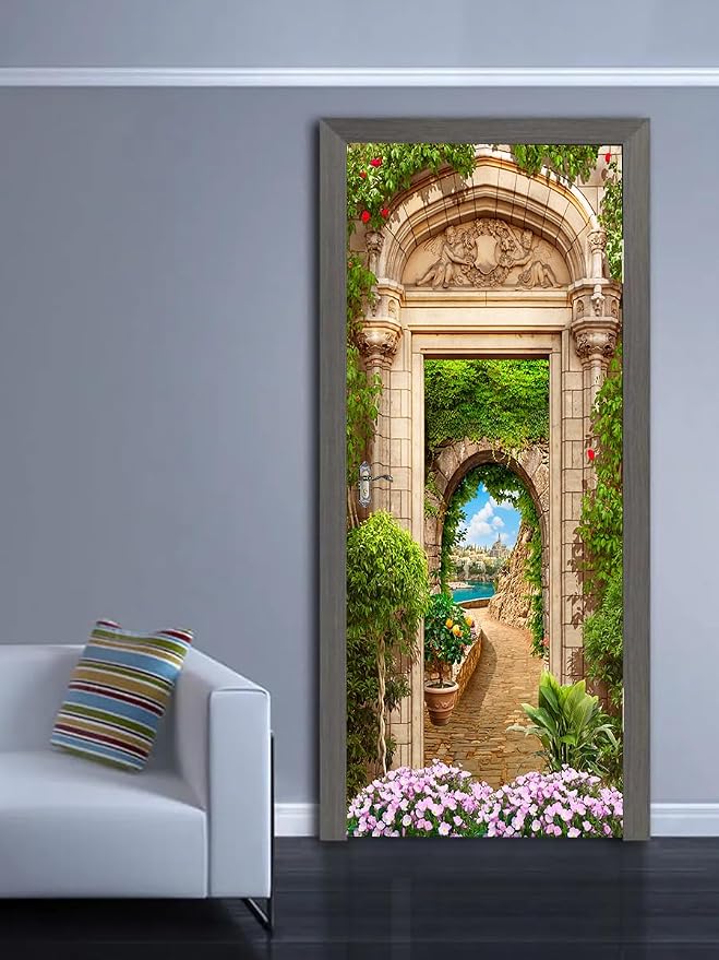 artfanke 3D Beautiful Garden Arch Peel and Stick Door Sticker 33.5"x84.6"-Self-Adhesive Door Murals Wallpaper - Wall Decal for Living Room Bedroom Decor (2 Sheets/Set) - Image 4
