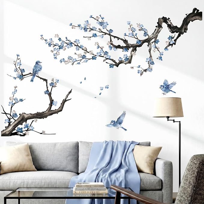 Peelora Watercolor Blue Flower Branch Wall Stickers Blossom Tree Branch Floral Bird Wall Decals Living Room Bedroom Tv Background Self-Adhesive Home Decor Stickers - Image 3