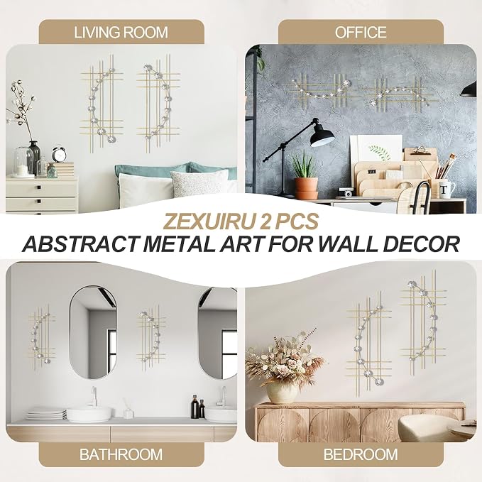 ZEXUIRU 2 Pcs Abstract Metal Art for Wall Decor Living Room Bedroom Bathroom Office Metal Bling Modern Geometric Hanging Vertical Small Iron Sculpture Plaque Pack -Gold 24in - Image 6