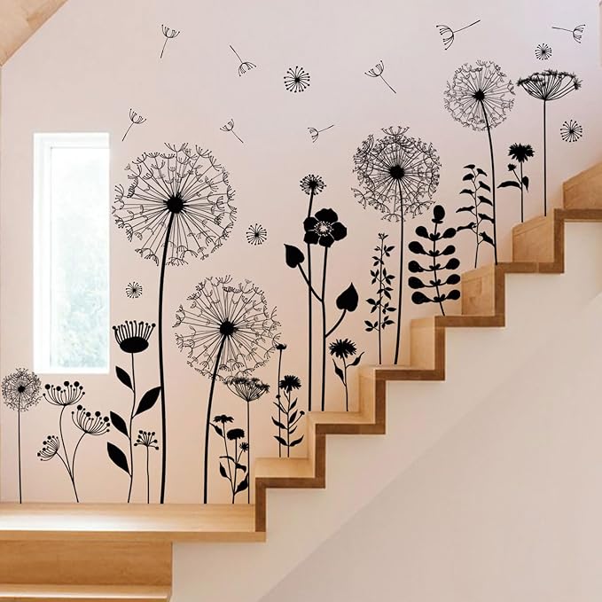 Black Dandelion Wall Decals Peel and Stick - Large Floral Wall Art Stickers with Flying Flowers, Boho Vintage Removable Vinyl Decor for Bedroom Living Room Nursery Bathroom by Unknown