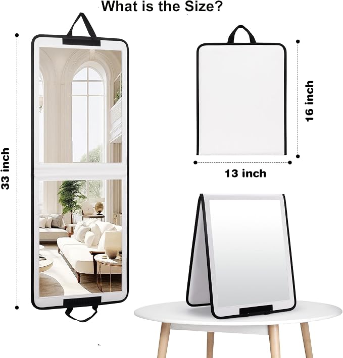 LPHUMEX Foldable Full Length Mirror White with Black Handles Hanging, 13x33 inch Portable Folding Body Mirror for Dance, Festival, Travel - Image 3
