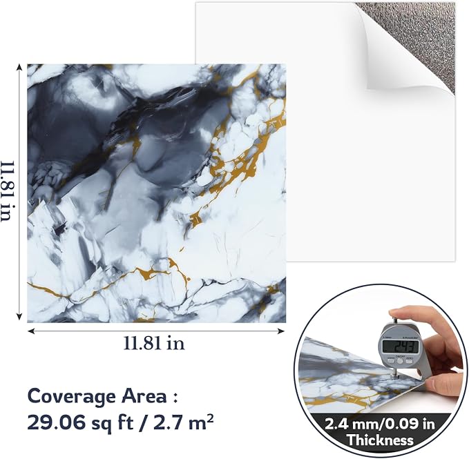 Peel and Stick Wall Panels, 11.8" x 11.8", 30-Pack | Self-Adhesive, Waterproof, Marble Wallpaper, For Kitchen Backsplash, For Bathroom & Living Room - Image 2
