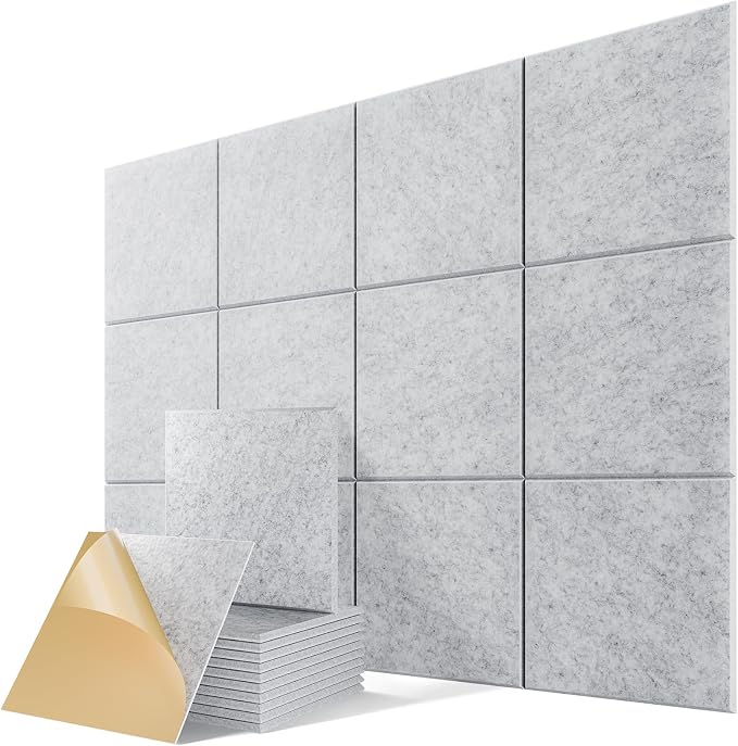 12 Pack Self-Adhesive Acoustic Panels, 12" X 12" X 0.4" High-Density Polyester Sound Proof Foam Panels for Walls, Soundproof Wall Panels for Home & Office (Sliver Gray) by Lebenforce