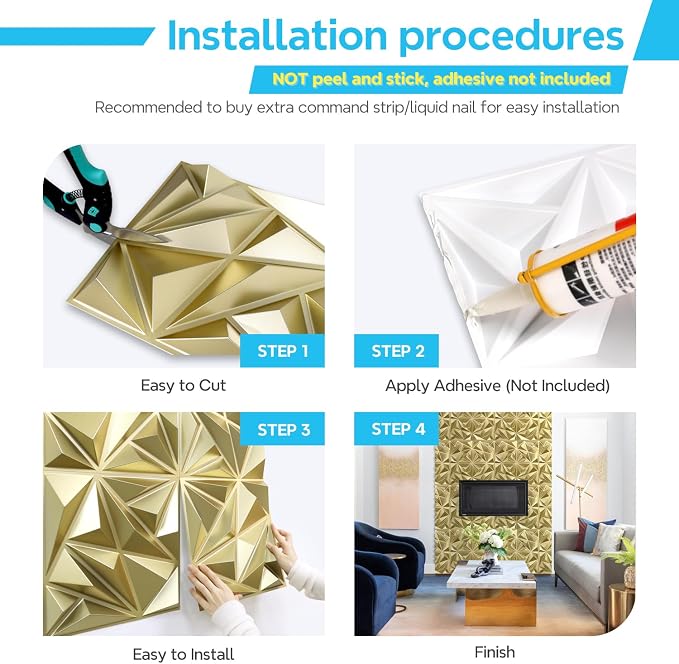 STICKGOO Diamond 3D Wall Panels, Champaign Gold, 12''x12'', 33 Pack | Accent Wall Panels for Interior Wall Decor, Living Room, Bedroom, TV Background, Lobby, Cover 32 Sq.Ft - Image 6