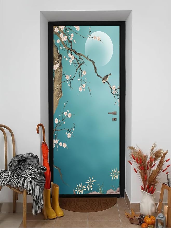 artfanke 3D Door Sticker Peel and Stick 33.5"x84.6"-Self-Adhesive Door Wallpaper Murals Poster - Hand-Painted Plum Bird Wall Decal for Home Decor (2 Sheets/Set) by artfanke