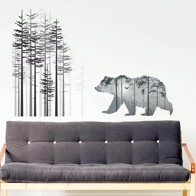 Outus 3 Sheets Mountain Forest Bear Wall Decals Stickers Pine Tree Wall Decals Woodland Trees Wall Stickers Forest Decals for Kids Nursery Bedroom Living Room Decor,11.8 x 35.4 Inches - Image 4