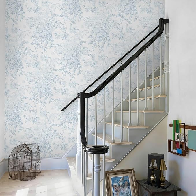 Heroad Blue Peel and Stick Wallpaper Vintage Floral Contact Paper Girly Wallpaper Boho Flower Wall Paper Removable Self Adhesive Stick On Walls for Bedroom Bathroom Waterproof Vinyl Roll 17.3''x196'' - Image 3